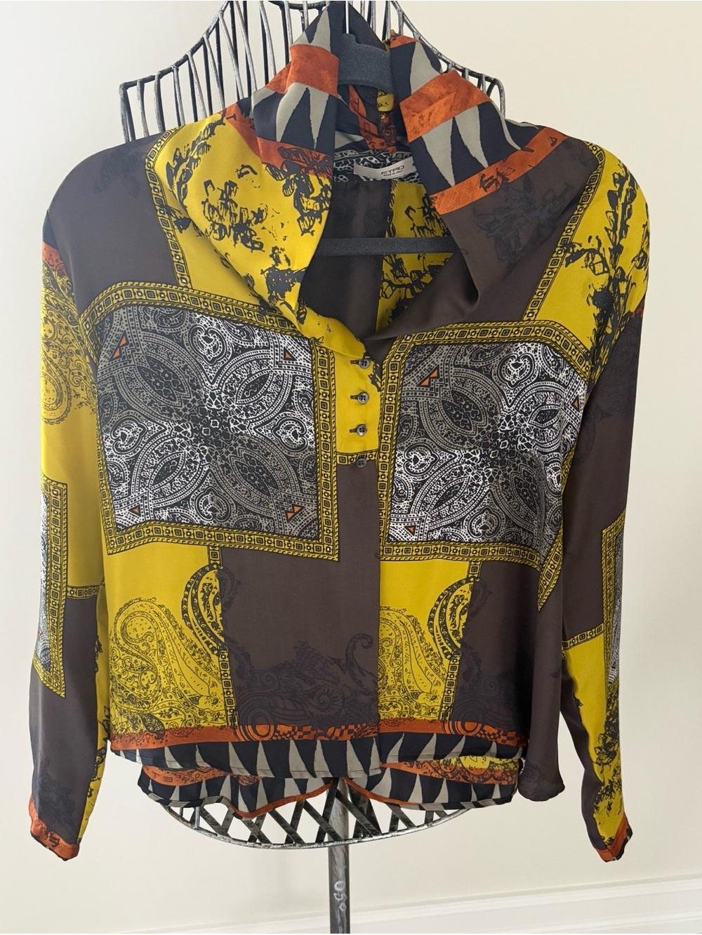 Etro Silk Yellow and Brown Paisley Patchwork Button-Front Blouse